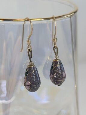 1989s Cloisonné Teardrop Dangle Earrings - Purple & Pink - Dainty Vintage